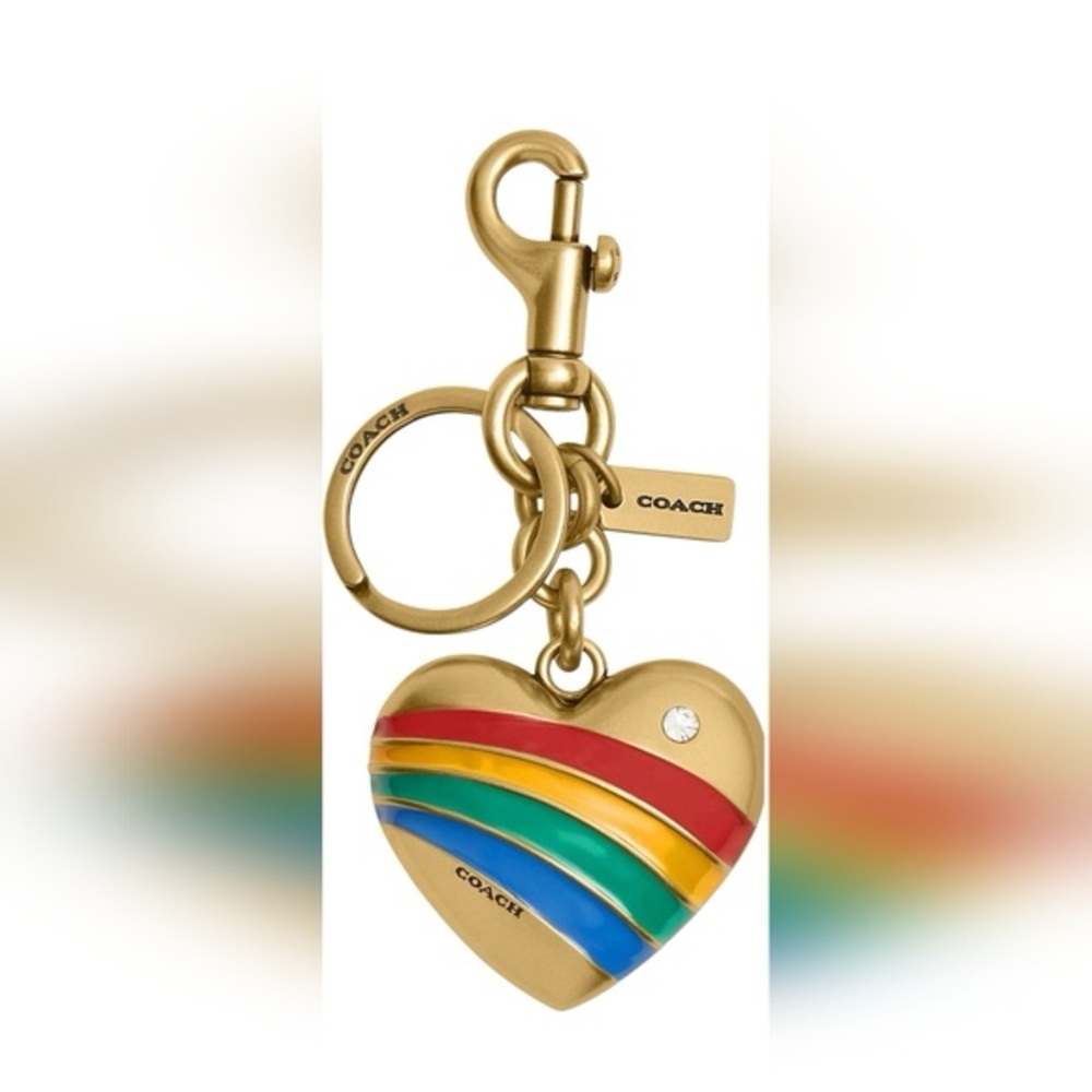 Coach Gold Tone Heart Keychain Bag Charm with Rainbow Stripes